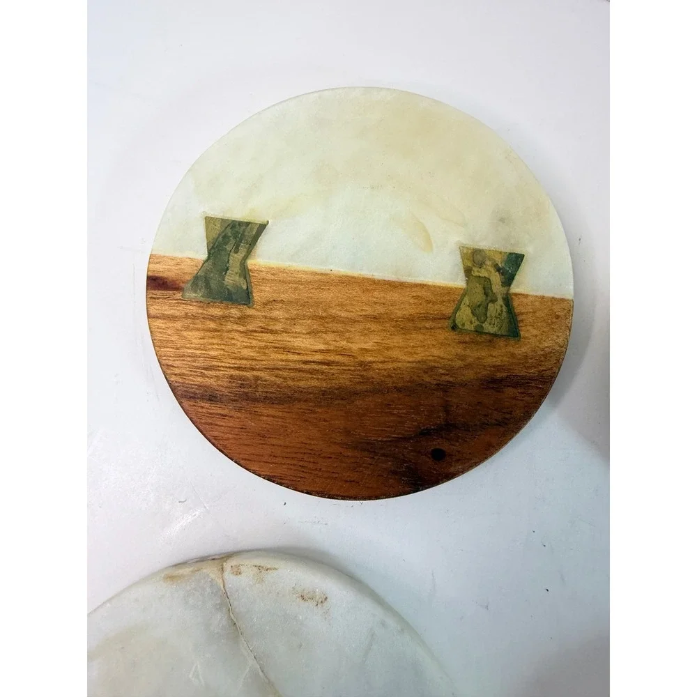 Crate and Barrel Marble Wood Round Coasters Brass Butterfly Inlay Two-Tone